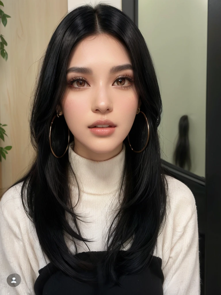 arafed woman with long black hair and big hoop earrings, black hair and large eyes, black hair and brown eyes, extra-dark natural black hair, shoulder-length black hair, shoulder length black hair, medium length black hair, with straight black hair, girl with black hair, woman with black hair, dark hair and makeup, medium black hair