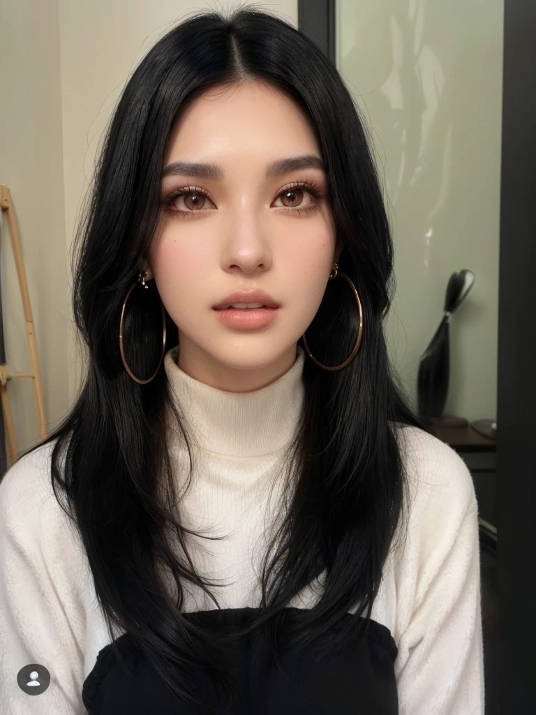 arafed woman with long black hair and big hoop earrings, black hair and large eyes, black hair and brown eyes, extra-dark natural black hair, shoulder-length black hair, shoulder length black hair, medium length black hair, with straight black hair, girl with black hair, woman with black hair, dark hair and makeup, medium black hair