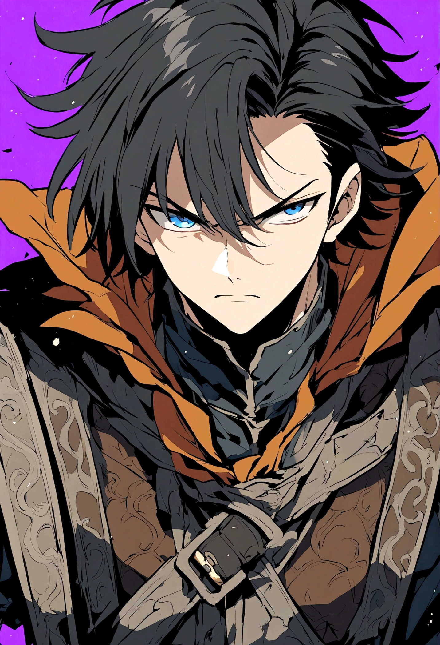 black hair anime boy with medieval rogue clothes rpg with blue eyes and a serious face