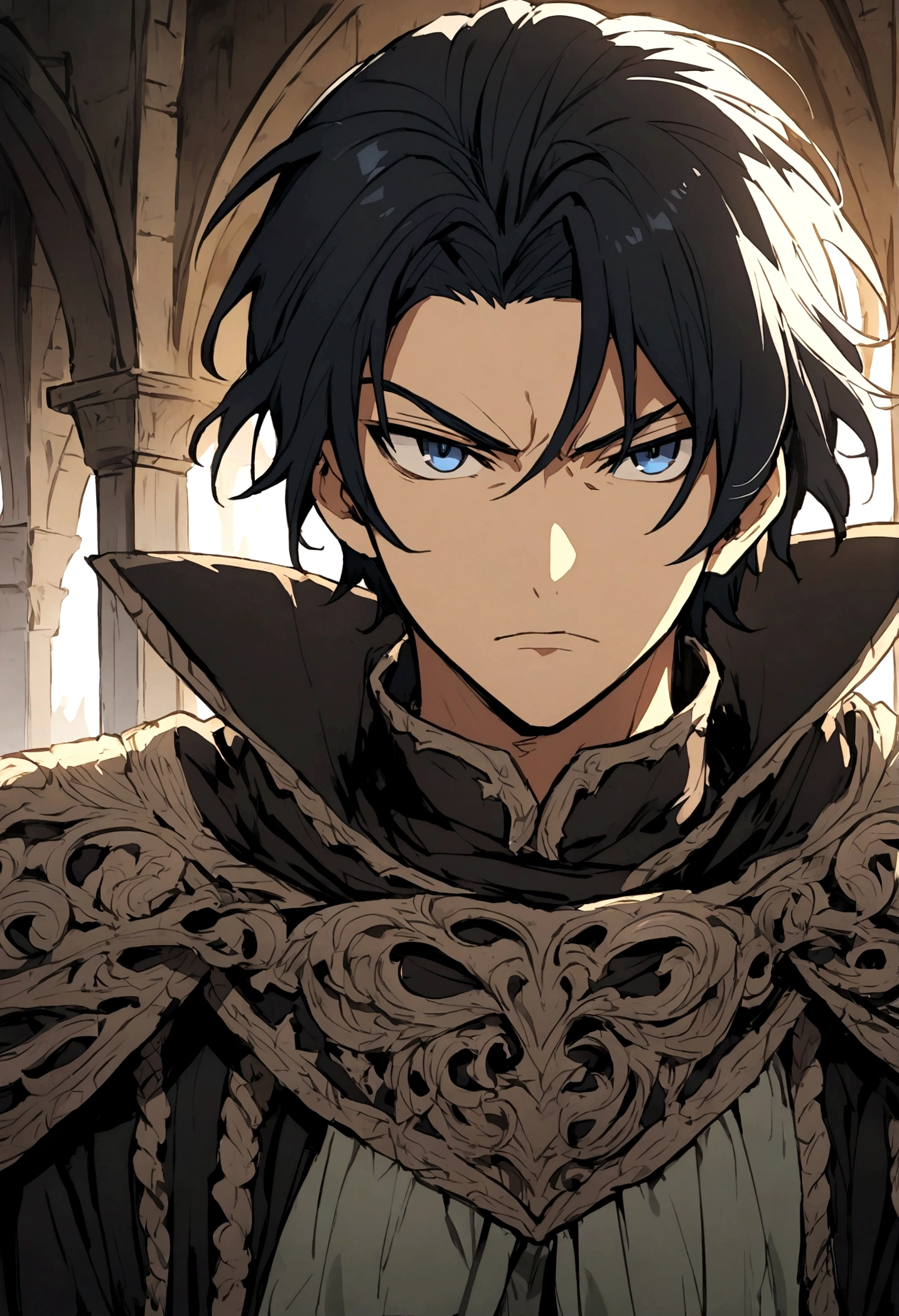 black hair anime boy with medieval rogue clothes rpg with blue eyes and a serious face