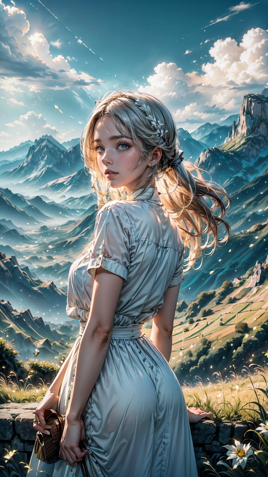a woman in a white top standing in a field, un dia de paz, foto realista, instagram influencer, beautiful mountains behind, some mountains in the background, bottom viev, 🐎🍑, mountains on the background, mountains in the background, beatiful mountain background, popular on instagram, instagram model, influencers, colombia, mountains background, mountains on background