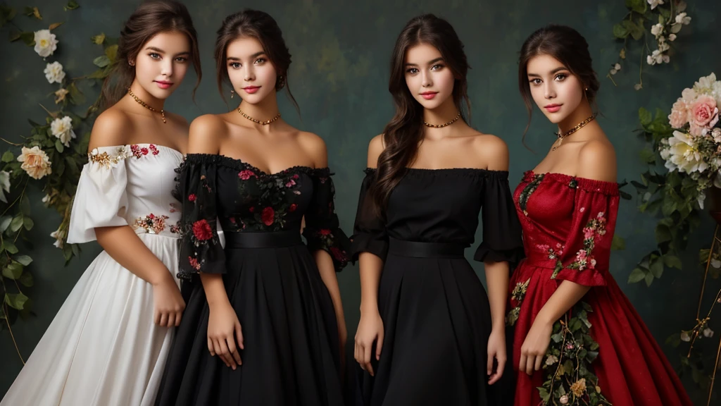 3 girl stand in a decorated setting, featuring a rich array of flowers in the background. They are wearing an off-shoulder top with puffy sleeves and a large central bow, adorned with intricate red and white patterns. A black neck choker with a black rose accent and a gold chain completes the look. Their hair is styled voluminously, topped with a black ribbon. Visible on their shoulder is a tattoo resembling a lion. The ensemble is completed with a dark-colored skirt.