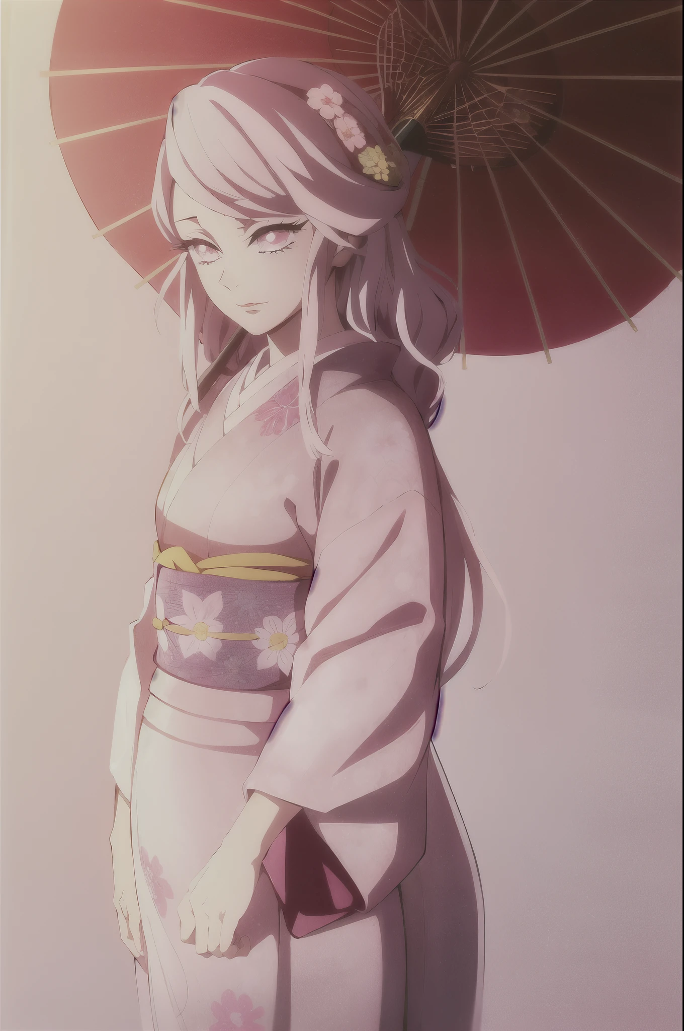 kimetsu no yaiba style,1girl, mature lady, solo, japanese clothes, kimono, pink eyes, long straight hair, hair over shoulder, floral print, light pink hair, holding umbrella, upper body, anime coloring,  ((masterpiece)) 