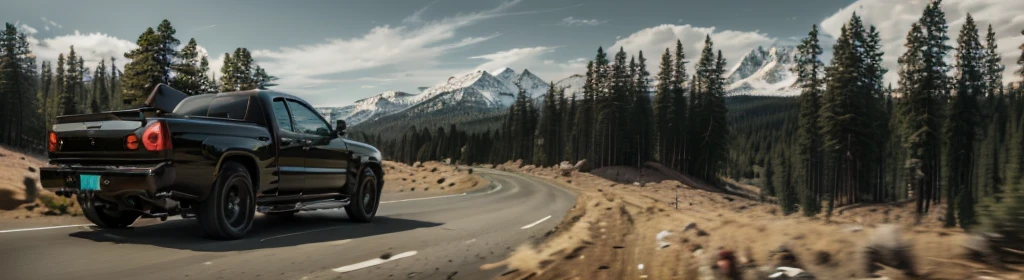 A truck is driving on a mountain road, Floating around a corner, wide Wide-angle lens, superWide-angle lens, super Wide-angle lens, very wide Wide-angle lens, Wide-angle lens, title, Wide-angle lens!!!!!!, Serpentine Curve!!!, Panorama, Wide-angle long shot, very Wide-angle lens, cinematic Wide-angle lens, Extra Wide, Wide-angle lens ; Dynamic comparison