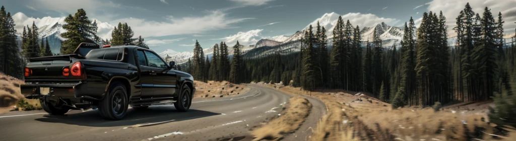 A truck is driving on a mountain road, Floating around a corner, wide Wide-angle lens, superWide-angle lens, super Wide-angle lens, very wide Wide-angle lens, Wide-angle lens, title, Wide-angle lens!!!!!!, Serpentine Curve!!!, Panorama, Wide-angle long shot, very Wide-angle lens, cinematic Wide-angle lens, Extra Wide, Wide-angle lens ; Dynamic comparison