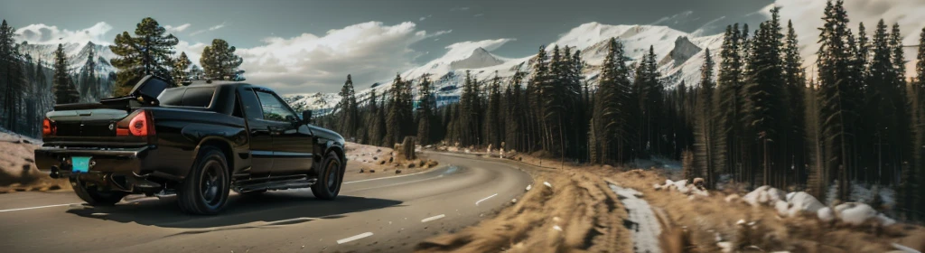 A truck is driving on a mountain road, Floating around a corner, wide Wide-angle lens, superWide-angle lens, super Wide-angle lens, very wide Wide-angle lens, Wide-angle lens, title, Wide-angle lens!!!!!!, Serpentine Curve!!!, Panorama, Wide-angle long shot, very Wide-angle lens, cinematic Wide-angle lens, Extra Wide, Wide-angle lens ; Dynamic comparison