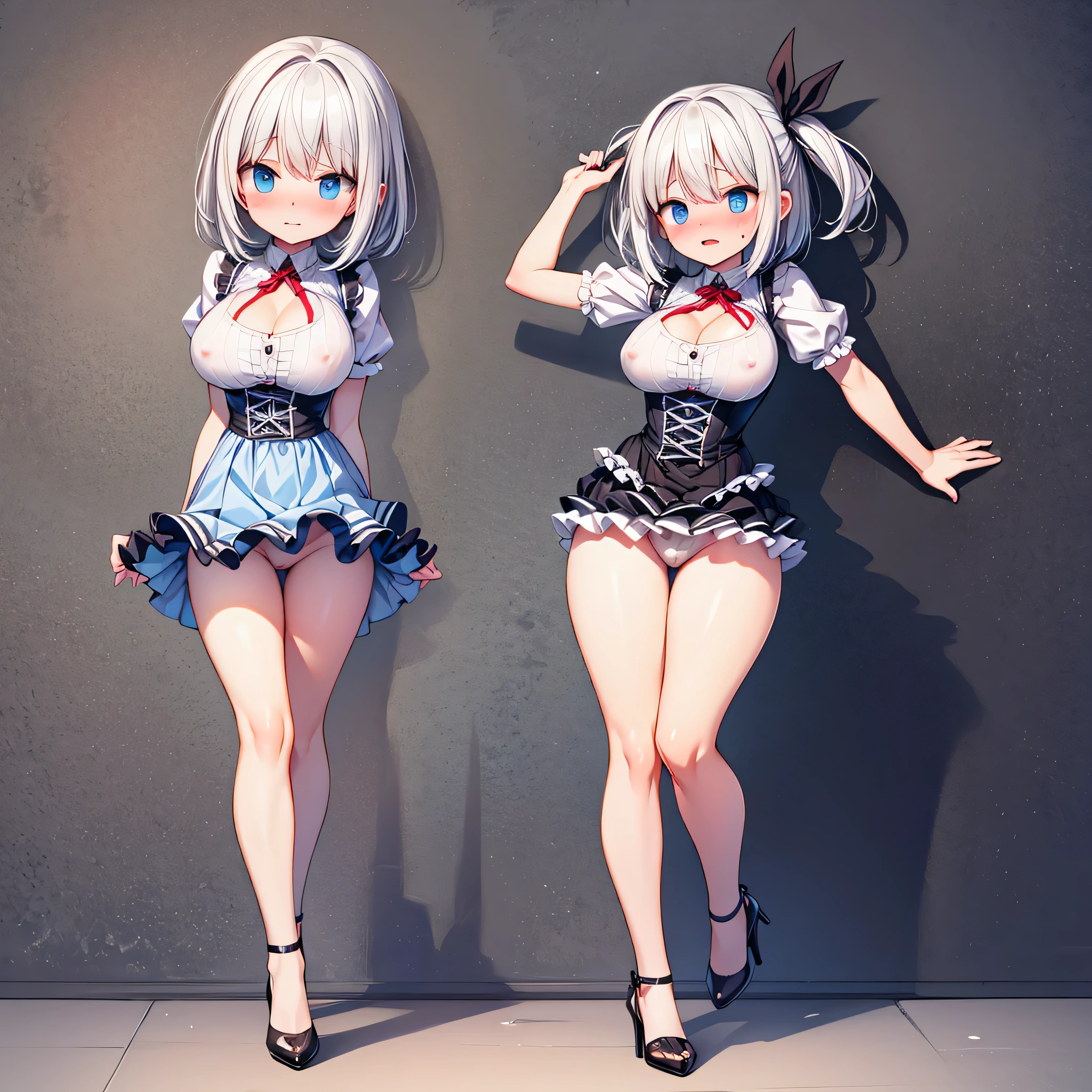 (solo), 1 skinny girl standing, swaying back, BREAK, show off large breasts, bursting breasts, (show off cleavage), very short torso, (skinny too narrow waist), (very skinny legs), stretch legs, BREAK, (short dirndl), (frilled too short skirt), (show off thigh gap), stiletto heels, BREAK, nose blush, orgasm, (nsfw:0.3), covered erectile nipples, (heavy breathing)