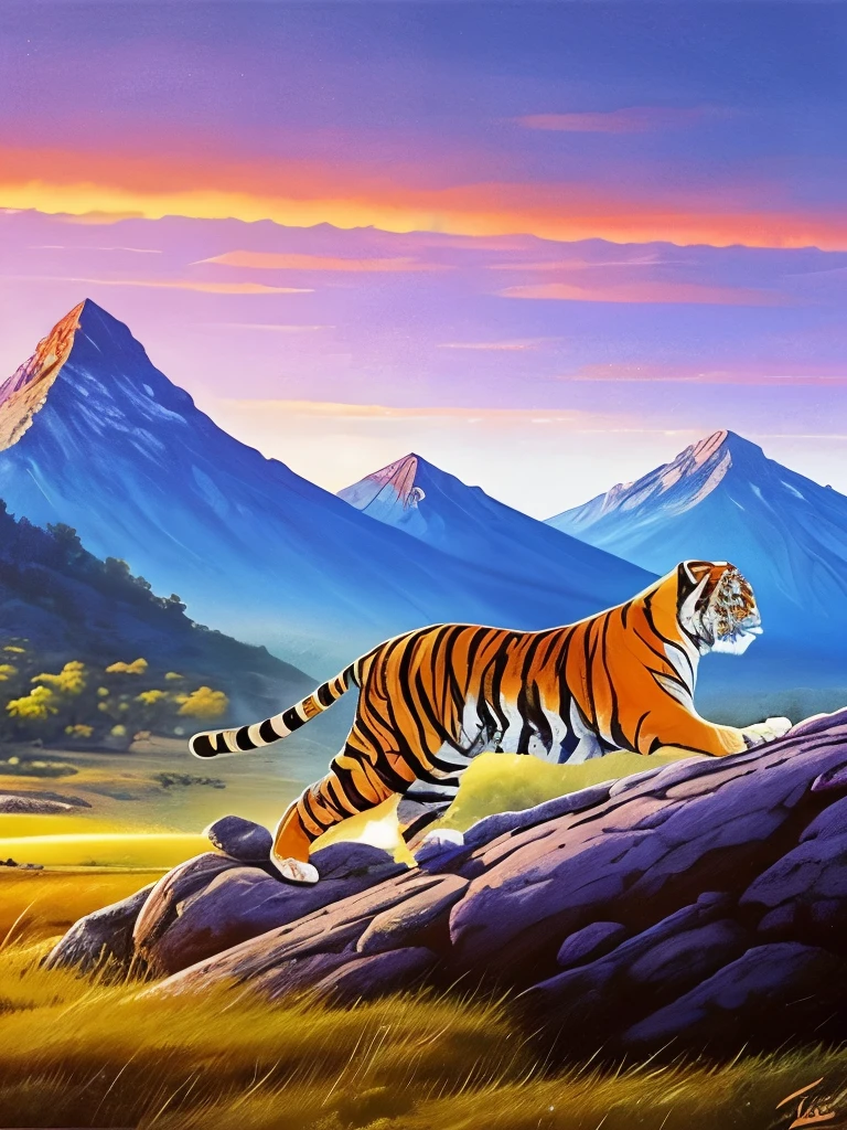painting of a tiger running on a rock with a mountain in the background, ((tiger)), by Joe Jusko, tiger_beast, by Bob Eggleton, majestic!!! beautiful!!!, a tiger, tiger, by Carlos Berlanga, by Ignacio Zuloaga, ultra realistic!!!, by Li Kan, by Min Zhen, strong and ferocious