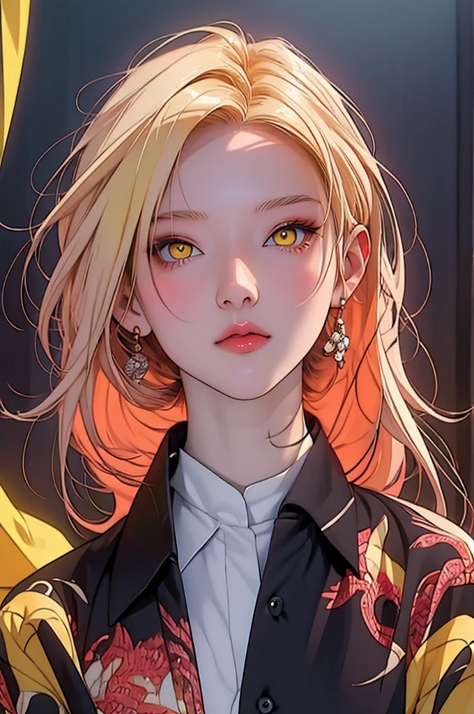 anime girl with Yellow Hair and blue eyes posing for a picture, Vector art:Kose Kanaoka, pixiv Contest Winner, Conceptual Art, Anime-style illustrations, glowing yellow face, Digital anime illustration, Stunning Anime Face Portraits, Yellow Eyes, Art Style : Ilya Kuvshinov, Beautiful and detailed anime art, Yellow Hair, Anime style portrait、Peeking through yellow curtains