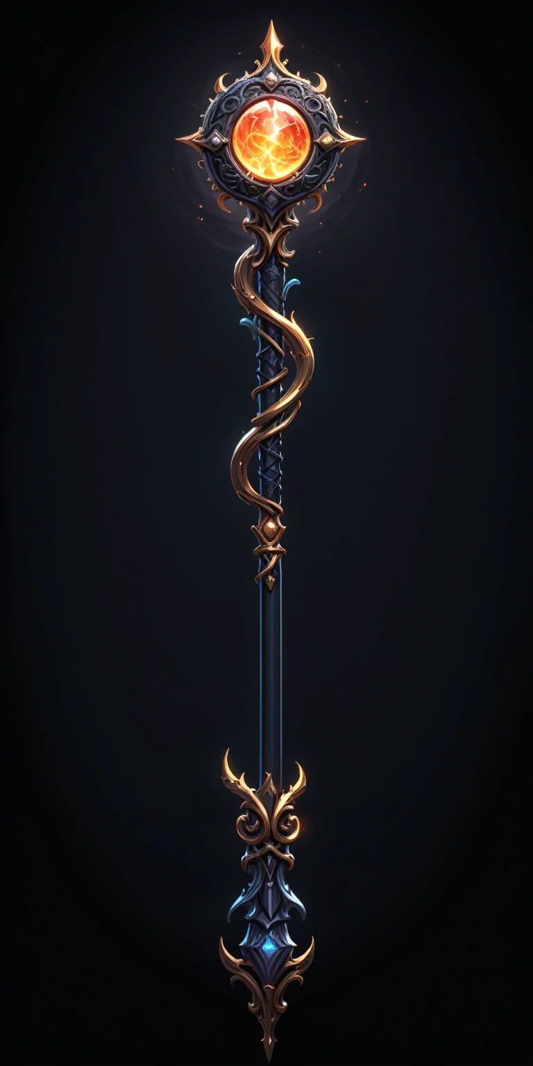 pixel art, cartoon illustration, Divine glavie greatstaff, Powerfull Magical theme, simple black background, RPG game icon 
