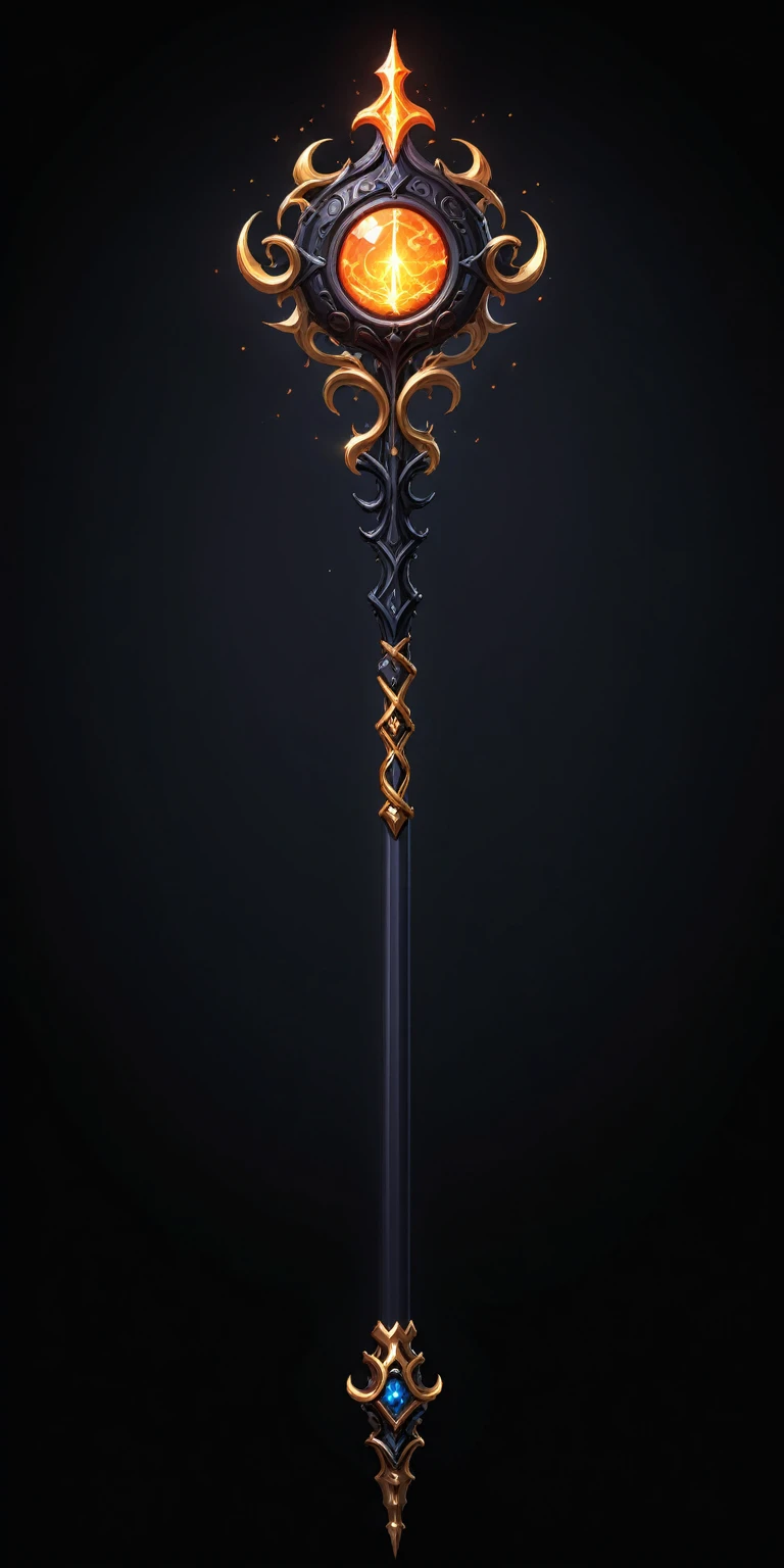 pixel art, cartoon illustration, Divine glavie greatstaff, Powerfull Magical theme, simple black background, RPG game icon 