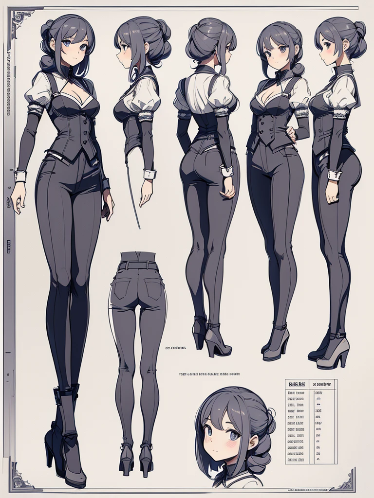 cute, standing lady, three view drawing, front and back and side, character sheet,full body,simple background