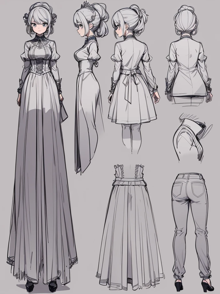cute, standing lady, three view drawing, front and back and side, character sheet,full body,simple background