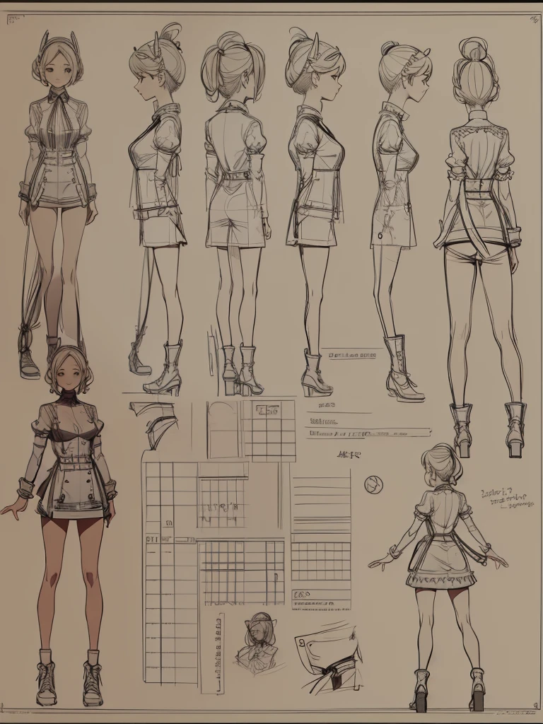 cute, standing lady, three view drawing, front and back and side, character sheet,full body,simple background