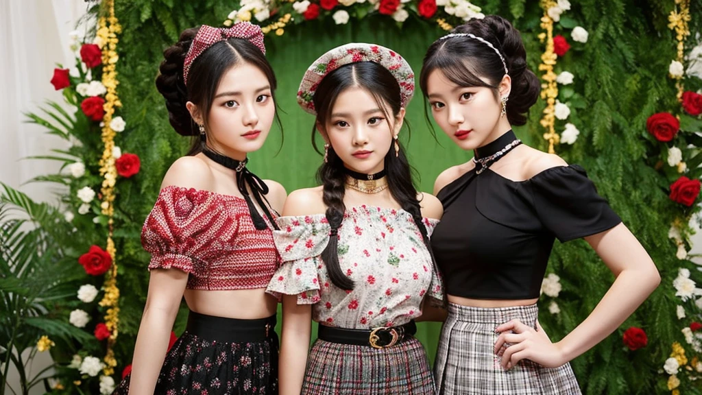 3 girl stand in a decorated setting, featuring a rich array of flowers in the background. They are wearing an off-shoulder top with puffy sleeves and a large central bow, adorned with intricate red and white patterns. A black neck choker with a black rose accent and a gold chain completes the look. Their hair is styled voluminously, topped with a black ribbon. Visible on their shoulder is a tattoo resembling a lion. The ensemble is completed with a dark-colored skirt.