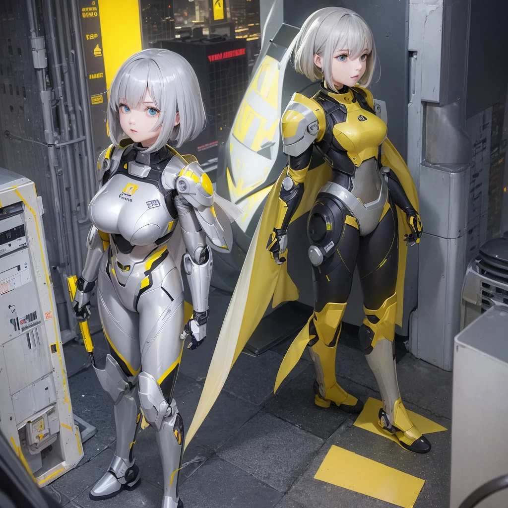 1girl, Female robot, superheroine, android girl, teenager, with a gray with yellow accents full body robotic metal armor, with a yellow cape, a yellow shinning decal in the chest, gray metal gloves and gray armored boots, and a metallic, long beam saber, pale skin, shinning yellow eyes, gray short shoulder length hair, wide hips, thick thighs, narrow waist, standing on the rooftop in the over a futuristic city at night ((only one character))