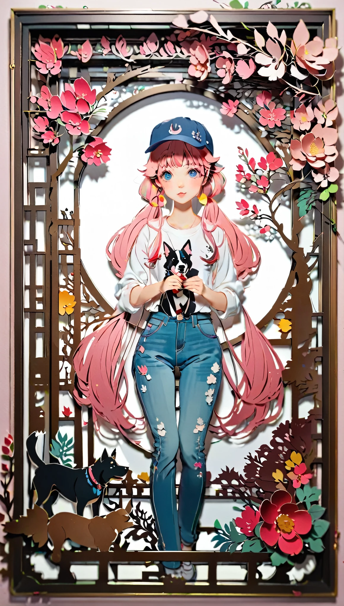 (((paper cutting style))), (frame of illustration is 3D paper cutting: 1.2), (colorful), 1 girl, pink long hair, twin tails, cap, denim, shirts, 1 dog with girl