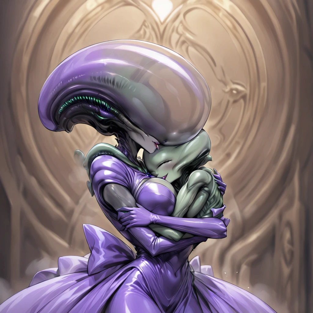 ((highest quality)), ((masterpiece)), (detailed), （Perfect Face）、The woman is Alien Princess Leona, wearing a gorgeous alien dress decorated in purple and black with gold, with long light brown hair and a completely alien body.、The woman is happily cuddling with the powerful alien king.