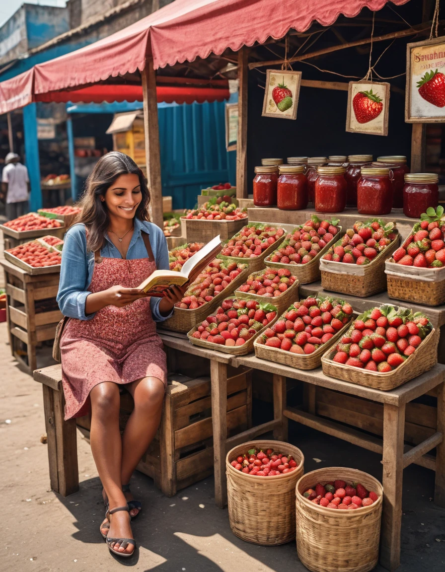 A picture of beautiful haired strawberry seller woman, she is reading a book at jer strawberry stall, buckets of strawberries, strawberry in a jars and strawberry jam jars and honey, insanely detailed and intricate, realistic style, a masterpiece professional human interest photography, maximalist, cinematic