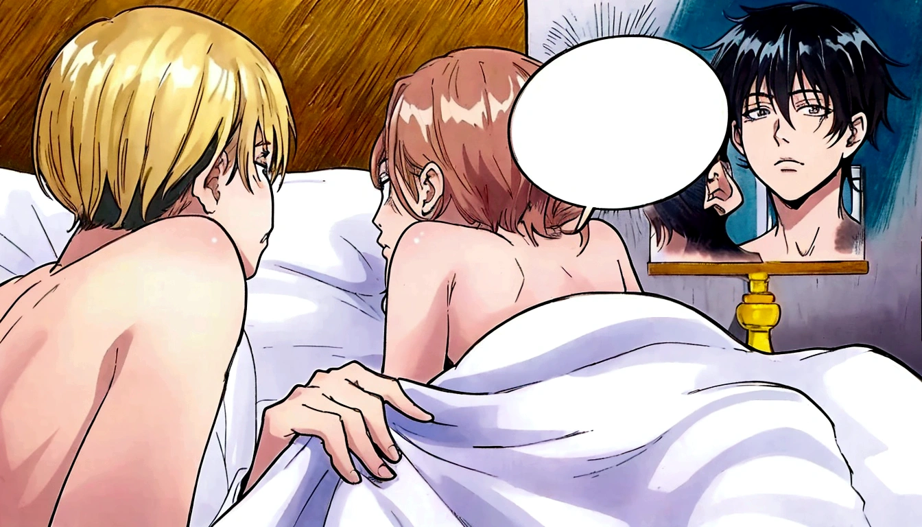 anime scene of a couple of people in bed with a mirror, colored manga panel, coloured manga scan, color manga panel, close angle, close shot, in the bedroom at a sleepover, rule 34, very close shot, closeup shot, colored manga, full color manga visual style, yaoi, close scene, colored sketch anime manga panel