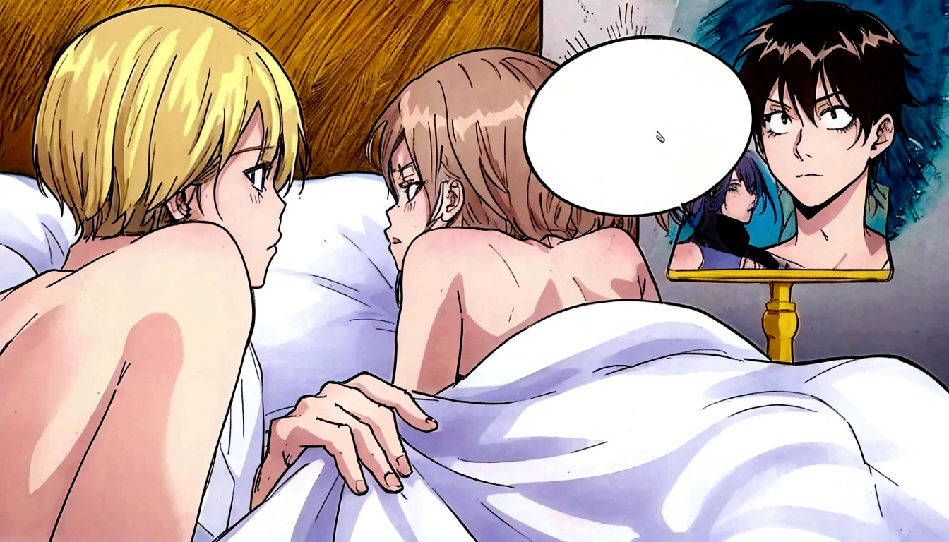 anime scene of a couple of people in bed with a mirror, colored manga panel, coloured manga scan, color manga panel, close angle, close shot, in the bedroom at a sleepover, rule 34, very close shot, closeup shot, colored manga, full color manga visual style, yaoi, close scene, colored sketch anime manga panel