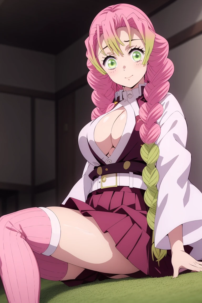 nsfw, masutepiece, Mitsurikan Log, mitsuri kanroji, braid, Gradient Hair, (Green eyes:1.5), Green hair, Long hair, Mole, Mole under the eyes, multicolored hair, Pink hair, Twin braids, Two-tone hair, cleavage, BREAK looking at viewer, Break indoors, BREAK (masutepiece:1.2), Best Quality, High resolution, Unity 8k wallpaper, (Illustration:0.8), (Beautiful detailed eyes:1.6), extra detailed face, Perfect Lighting, extremely details CG, (Perfect hands, Perfect Anatomy),colourful hair, The whole body  reflected, (Off-the-shoulder costumes:1.5), ((chest wide open and exposed)), (Smile), ((undergarment)), ((Torn clothes)), ((The bikini)), , ((Torn clothing)),Squat,(open legs:1.4),(love juice:1.2),(ahegao:1.5),