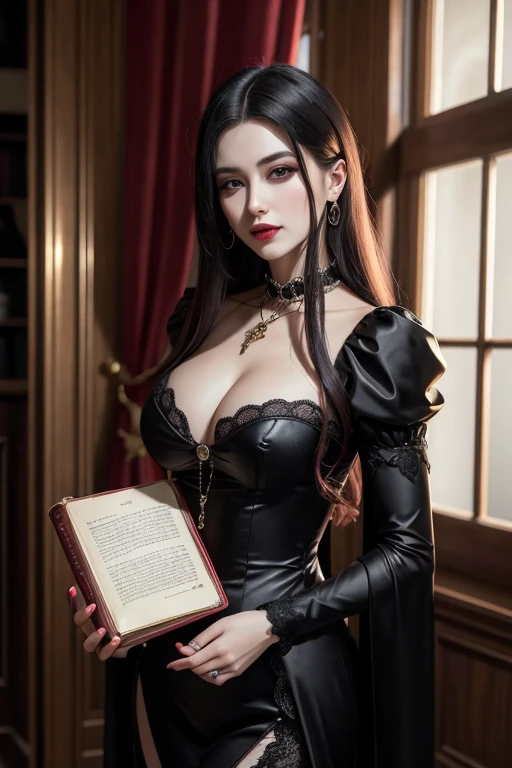 The image shows a vampire from the Tremere clan in a luxurious and aristocratic environment, like a room decorated with antique furniture and gothic details. She is dressed in a combination of elegant lingerie and a tunic or formal attire reminiscent of a wizard or alchemist., com destaque para tons de vermelho. Your hair may also have red accents, complementando seu visual sedutor e misterioso.
The vampire has a seductive expression and a mesmerizing look., while holding an ancient magic book in one hand and wearing a magical amulet around his neck. The soft ambient lighting highlights her pale face and her faintly visible vampire fangs., reinforcing its supernatural nature.
This image would be created with a high level of detail and realism, capturing both the enigmatic aura of the Tremere clan and the sensuality and mystery ociated with vampires in the world of Vampire: to mask.