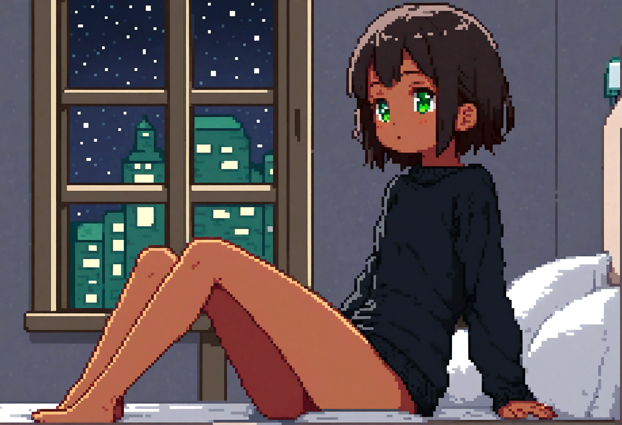 , short hair, dark hair, tan, green eyes, black sweater, bare legs, Sitting on the bed looking at the window, it's night, The night is full of bright stars, From the window you can see buildings with their windows open,