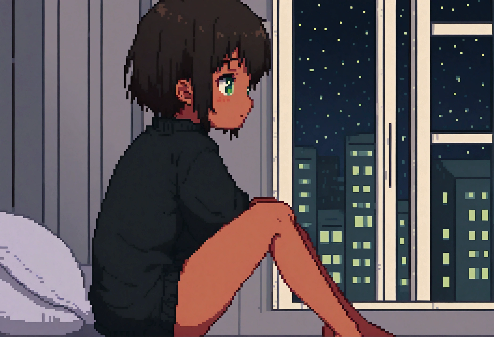 , short hair, dark hair, tan, green eyes, black sweater, bare legs, Sitting on the bed looking at the window, it's night, The night is full of bright stars, From the window you can see buildings with their windows open,