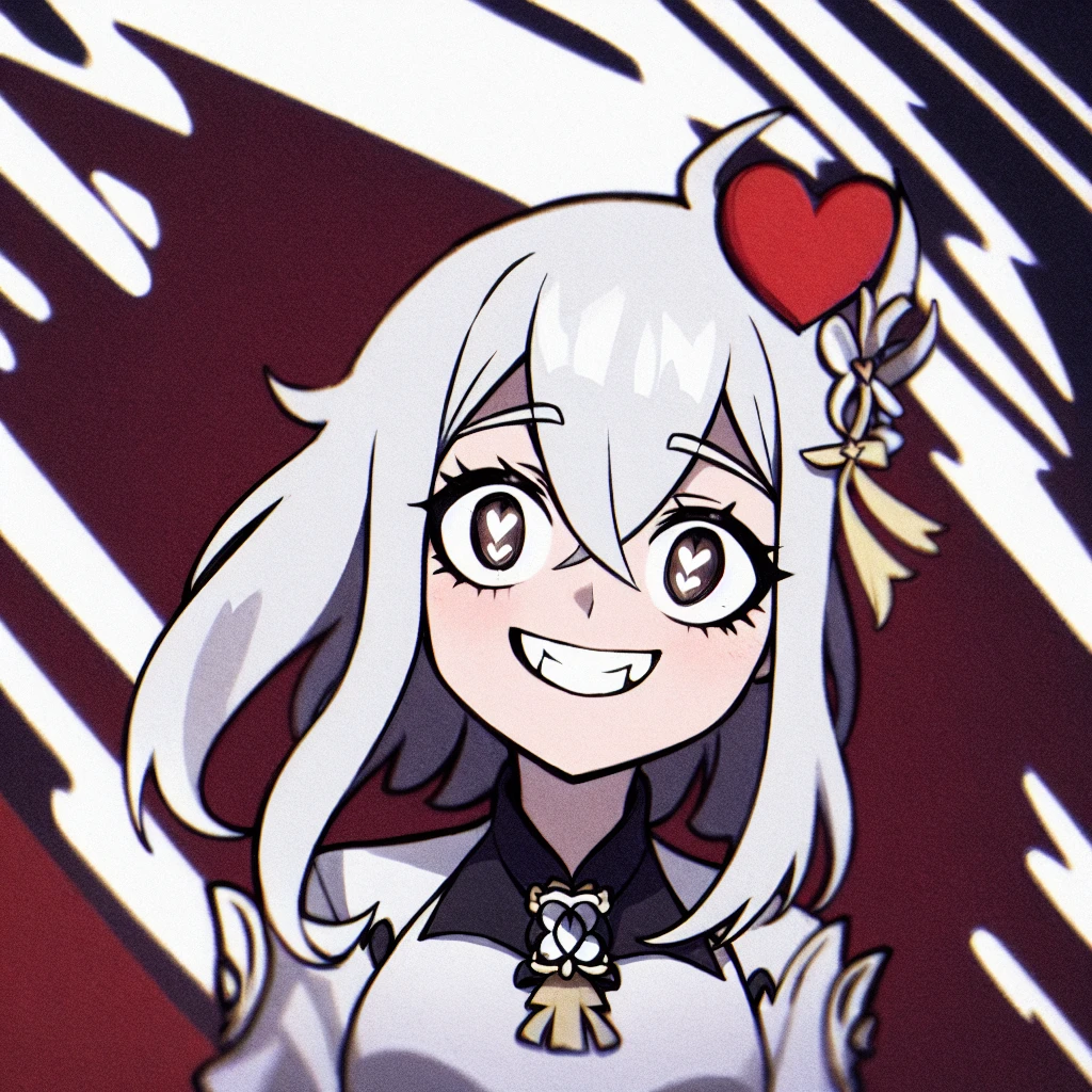 masterpiece, best quality, helltaker,1girl,solo, upper body, white background, 1girl,white hair,hair ornament, white dress,grin,heart,heart-shaped pupils, nahida \(genshin impact\),