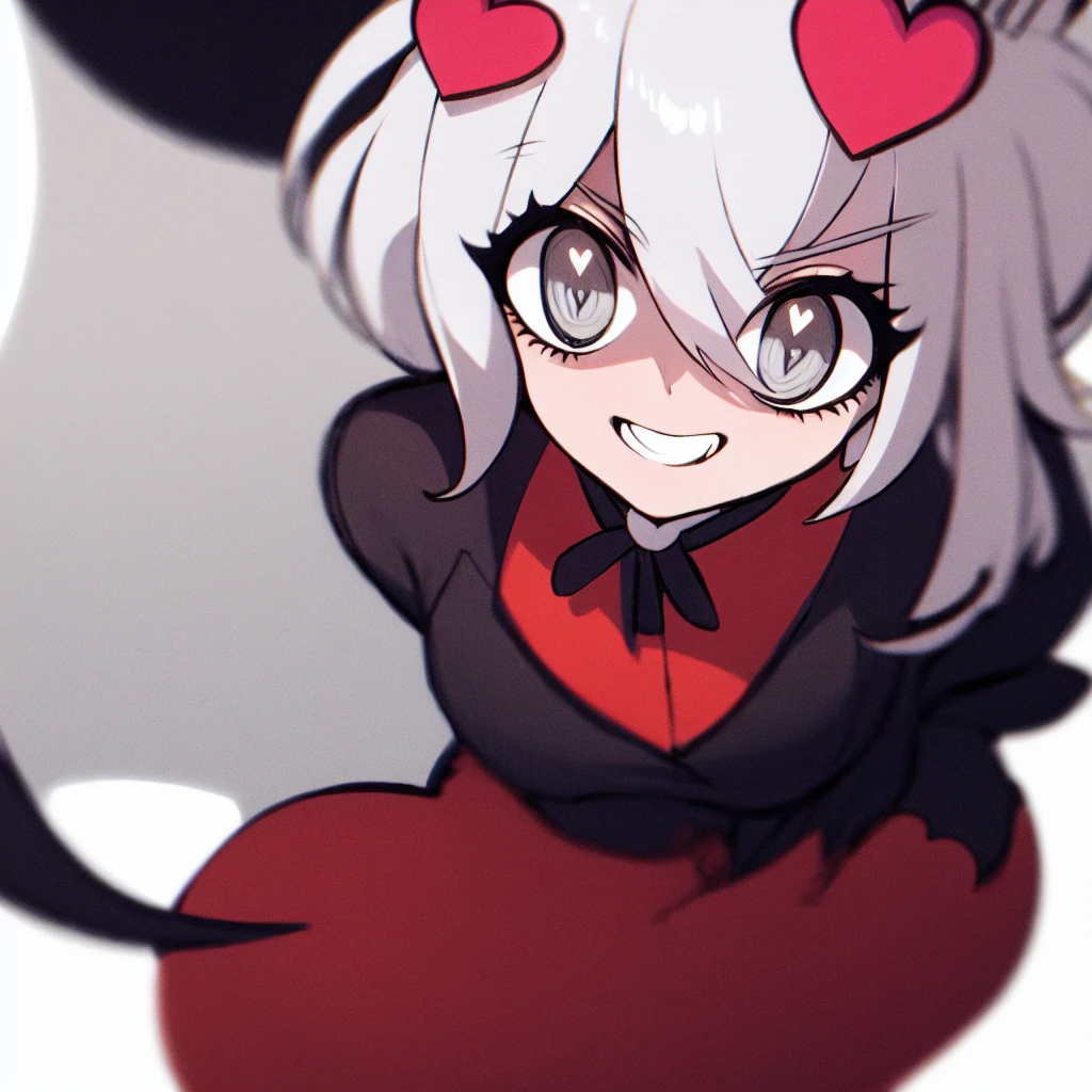 masterpiece, best quality, helltaker,1girl,solo, upper body, white background, 1girl,white hair,hair ornament, white dress,grin,heart,heart-shaped pupils, nahida \(genshin impact\),