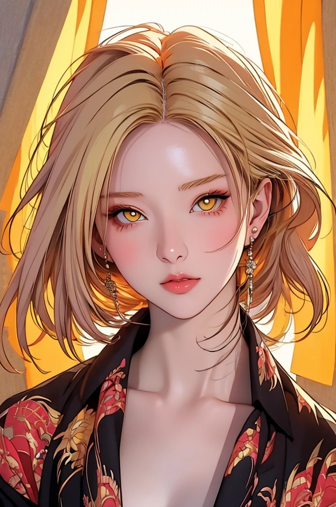 anime girl with Yellow Hair and blue eyes posing for a picture, Vector art:Kose Kanaoka, pixiv Contest Winner, Conceptual Art, Anime-style illustrations, glowing yellow face, Digital anime illustration, Stunning Anime Face Portraits, Yellow Eyes, Art Style : Ilya Kuvshinov, Beautiful and detailed anime art, Yellow Hair, Anime style portrait、Peeking through yellow curtains