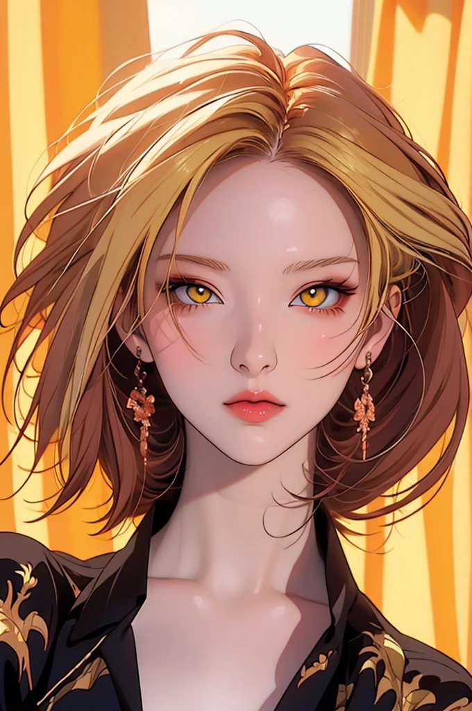 anime girl with Yellow Hair and blue eyes posing for a picture, Vector art:Kose Kanaoka, pixiv Contest Winner, Conceptual Art, Anime-style illustrations, glowing yellow face, Digital anime illustration, Stunning Anime Face Portraits, Yellow Eyes, Art Style : Ilya Kuvshinov, Beautiful and detailed anime art, Yellow Hair, Anime style portrait、Peeking through yellow curtains