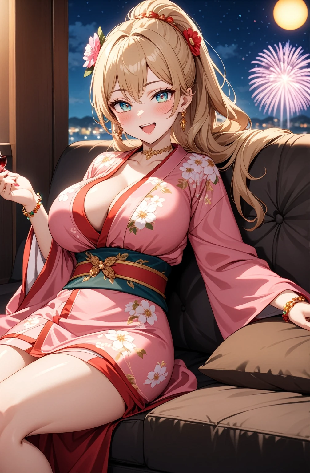 ((one personの女性)), Beautiful Face, Laughing embarrassedly,((Wink:2.0)),((a woman in a sexy pose. She is lying on a sofa, supporting her head with one hand while the other hand is sensually running along her body. Her expression is seductive:1.3)),Laughing with your mouth open,((Red cheeks:1.4)),Lighting on the face,Glossy pink lips,night,rooftop,Festive decorations,You can see the ocean, firework,((Anime style background)),masterpiece, highest quality, so beautiful, Latest, Complex details, (Pink long nails),(ring),(flower bracelet),Floral choker,AI-generated, Complex,High resolution, highest quality, super high quality,3D Images、View your viewers、3D Images,one person,Long Blonde Hair,High Ponytail,Turquoise Eyes,Anime woman posing for a photo, (Fine grain,Colorful eyes,Shining Eyes:1.5),(Squint your eyes:1.1),a hyperRealistic , hyperRealistic , Realistic,Blonde anime woman with long hair, Smooth anime CG art, A woman in a colorful kimono with gold embroidery, (Pink kimono),Red floral pattern,Long flower hair ornament,Large floral earrings,(ring),(Big Breasts:1.1),Mature Body,Tall,Big Ass,Narrow waist,Abdominal muscles,(Zoom in on face:1.1),Hold a wine glass in one hand