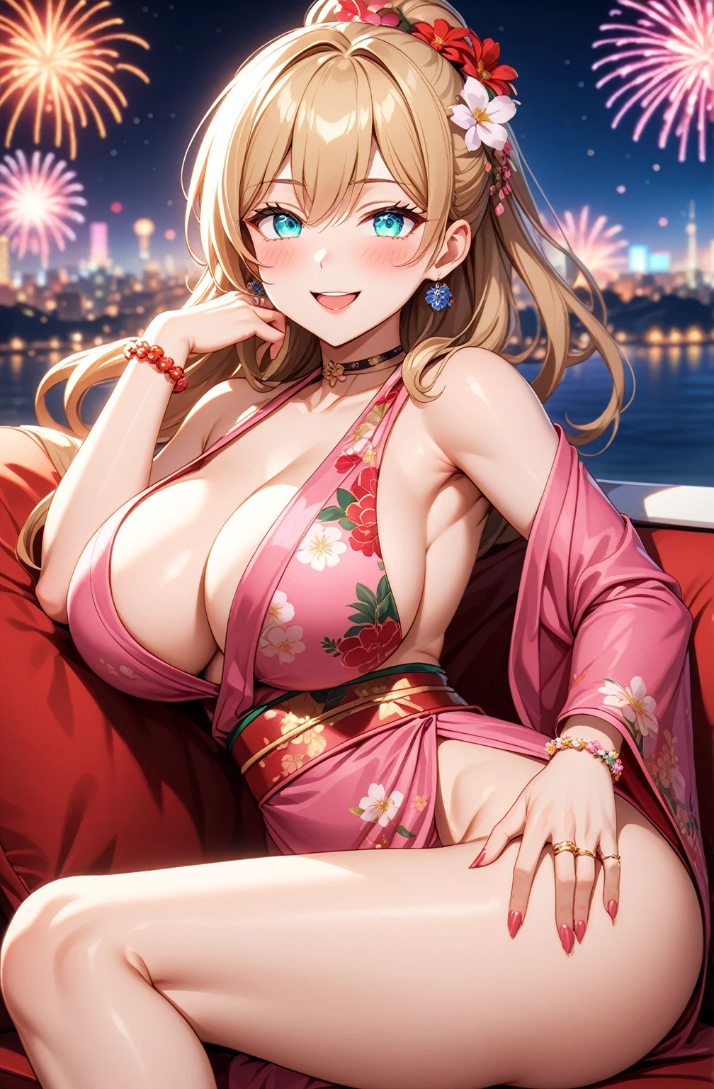 ((one personの女性)), Beautiful Face, Laughing embarrassedly,((Wink:2.0)),((a woman in a sexy pose. She is lying on a sofa, supporting her head with one hand while the other hand is sensually running along her body. Her expression is seductive:1.3)),Laughing with your mouth open,((Red cheeks:1.4)),Lighting on the face,Glossy pink lips,night,rooftop,Festive decorations,You can see the ocean, firework,((Anime style background)),masterpiece, highest quality, so beautiful, Latest, Complex details, (Pink long nails),(ring),(flower bracelet),Floral choker,AI-generated, Complex,High resolution, highest quality, super high quality,3D Images、View your viewers、3D Images,one person,Long Blonde Hair,High Ponytail,Turquoise Eyes,Anime woman posing for a photo, (Fine grain,Colorful eyes,Shining Eyes:1.5),(Squint your eyes:1.1),a hyperRealistic , hyperRealistic , Realistic,Blonde anime woman with long hair, Smooth anime CG art, A woman in a colorful kimono with gold embroidery, (Pink kimono),Red floral pattern,Long flower hair ornament,Large floral earrings,(ring),(Big Breasts:1.1),Mature Body,Tall,Big Ass,Narrow waist,Abdominal muscles,(Zoom in on face:1.1),Hold a wine glass in one hand