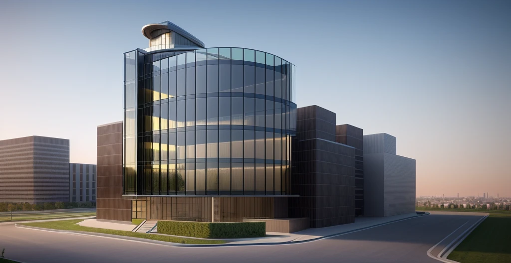 rendering of a modern office building with a curved glass facade, sharp hq rendering, sharp foccus ilustration hq, wide angle exterior 2022, architectural 3 d render, realistic building, architectural visualization, cinematic lighting, UHD, masterpiece, high details, high quality, 4K