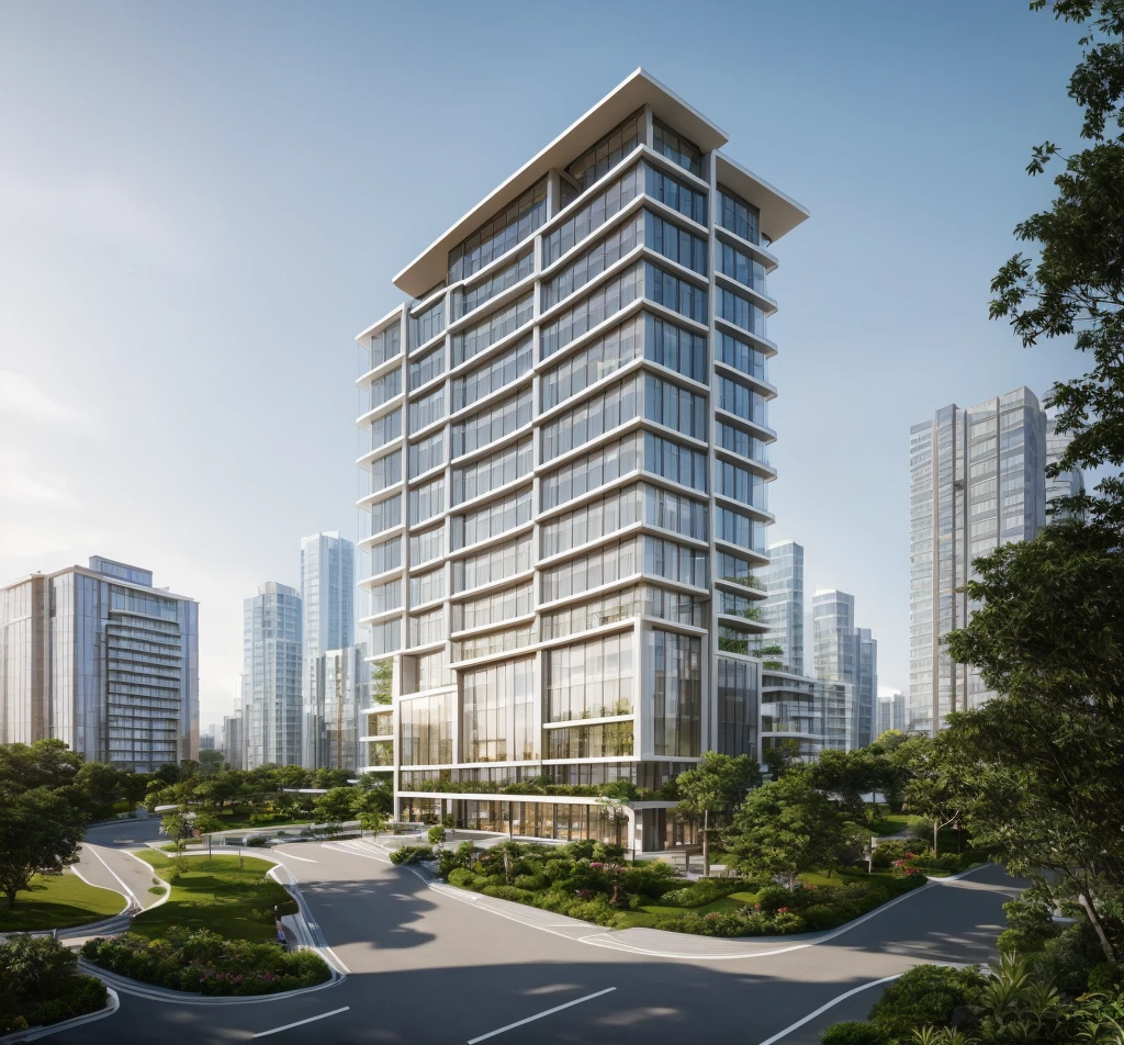 (masterpiece, best quality:1.2), rendering of a modern office building with a large sign on the top, (landscape), (city) , shophouse, modern lush condo as shopfront, wide angle exterior 2022, photo from 2022, full building, architectural rendering, mantra rendering, precise architectural rendering, residential, full - view, realistic building, realistic architecture