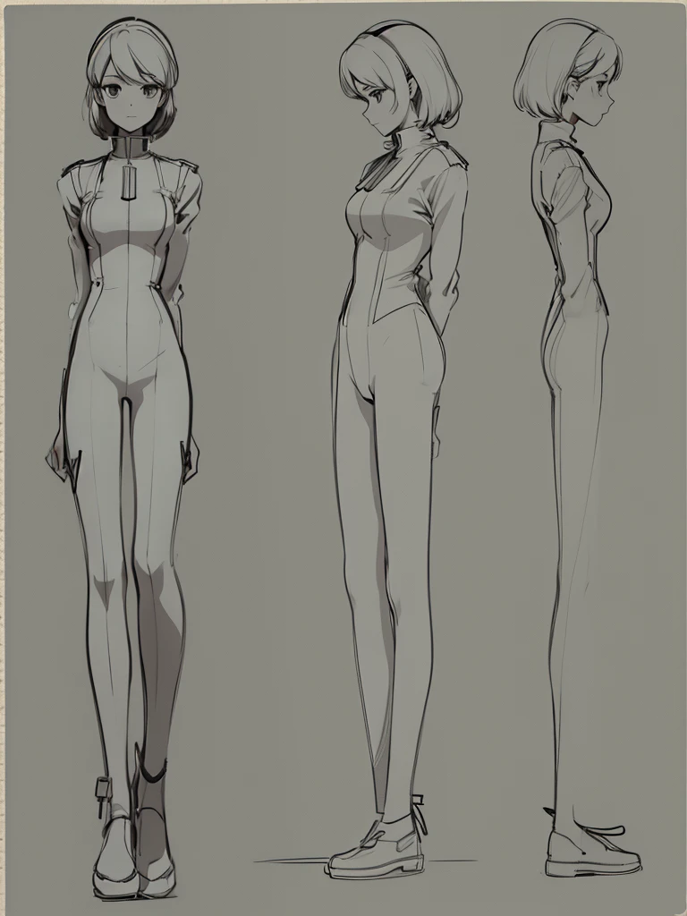 cute, standing lady, three view drawing, front and back and side,full body,simple background