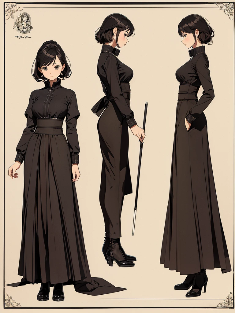 cute, standing lady, three view drawing, front and back and side,full body,simple background