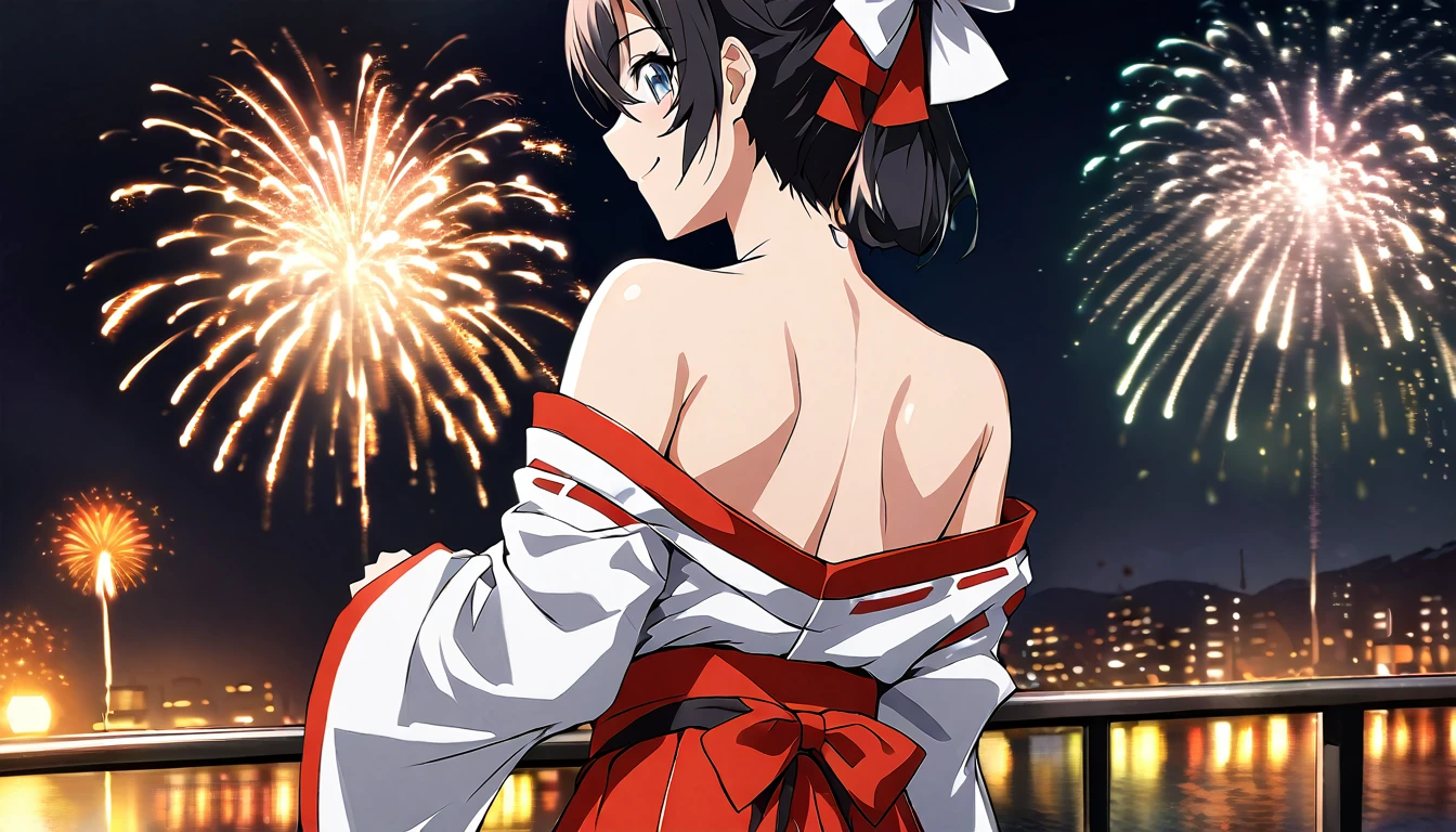 
score_9, score_8_up, score_7_up, source_anime, from behind, solo, 1girl, ioricurrent, scar, smile, looking back, black hair, hair bow, white bow, white kimono, off shoulder, red hakama, bare shoulders, fireworks
