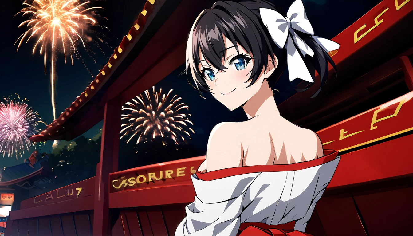 
score_9, score_8_up, score_7_up, source_anime, from behind, solo, 1girl, ioricurrent, scar, smile, looking back, black hair, hair bow, white bow, white kimono, off shoulder, red hakama, bare shoulders, fireworks
