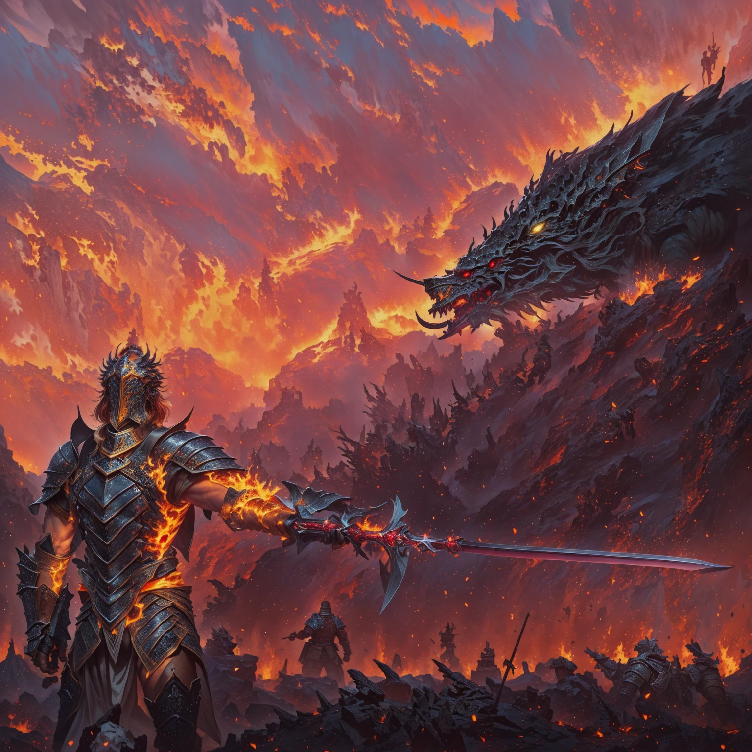 A knight holding a sword, Standing in front of the fiery red sky with his back to the camera, There is a Chinese dragon in the sky on the right, Epic fantasy artwork, Epic Fantasy Game Art, 4k fantasy art, Epic fantasy art, concept art wallpaper 4k, A man wearing a coat、Man holding a sword walking on the battlefield, epic beautiful art, Medieval style, Epic RPG Portrait, Stunning character art, fighting background, Wide battlefield, Alone, Back，战场上一个男人的Back, The flames spread, The fire burst into the sky, The war is raging, wounded, Blood, Weapons scattered on the ground, Top quality, Best quality, masterpiece, The most detailed, rich and colorful, war