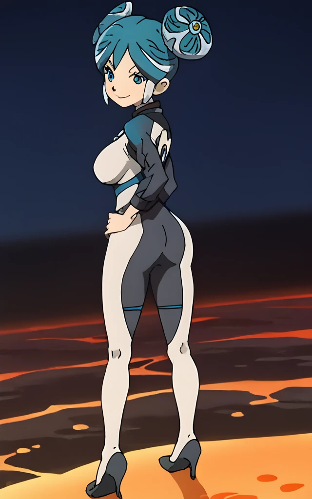 best quality,ultra detailed,solo,1girl,score_9, score_8_up, score_7_up, score_6_up, score_5_up, score_4_up, source_anime, maquia, two-tone hair, aqua hair, aqua eyes, white bodysuit,looking at viewer, smile,dark emperors,huge breasts,(behind view,portrait),full body, standing on lava,heavenly ass, heavenly breasts, big ass, no shoes, wearing black heels, backside, long legs, showing own ass