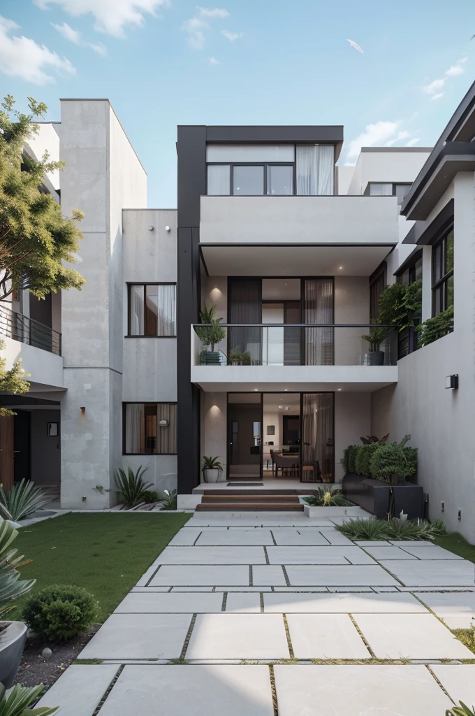 Office modern house with a courtyard and 03 floors, high quality rendering, award-winning render, award winning render, Lumion render, professional render, architectural render, render to resolute perfection, exterior design, architectural visualization, architecture render, modern architecture design, inter dimensional villa, architectural 3d render, realistic CGI render, black and white color, dark color, wide 20m, deep 18m, heigh 11,5m, ([03 floors]), IOS 1600