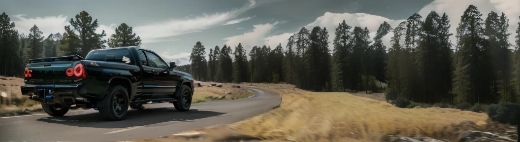A truck is driving on a mountain road, Floating around a corner, wide Wide-angle lens, superWide-angle lens, super Wide-angle lens, very wide Wide-angle lens, Wide-angle lens, title, Wide-angle lens!!!!!!, Serpentine Curve!!!, Panorama, Wide-angle long shot, very Wide-angle lens, cinematic Wide-angle lens, Extra Wide, Wide-angle lens ; Dynamic comparison