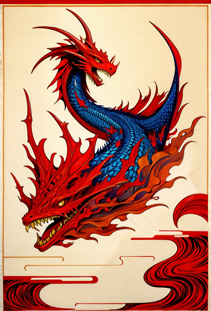 red dragon in the waves art print, in the style of kōji morimoto, neo-traditional japanese, john blanche, murals and wall drawings, tyler walpole, intense close-ups, absurdist --ar 71:128 --stylize 750 --v 5.2