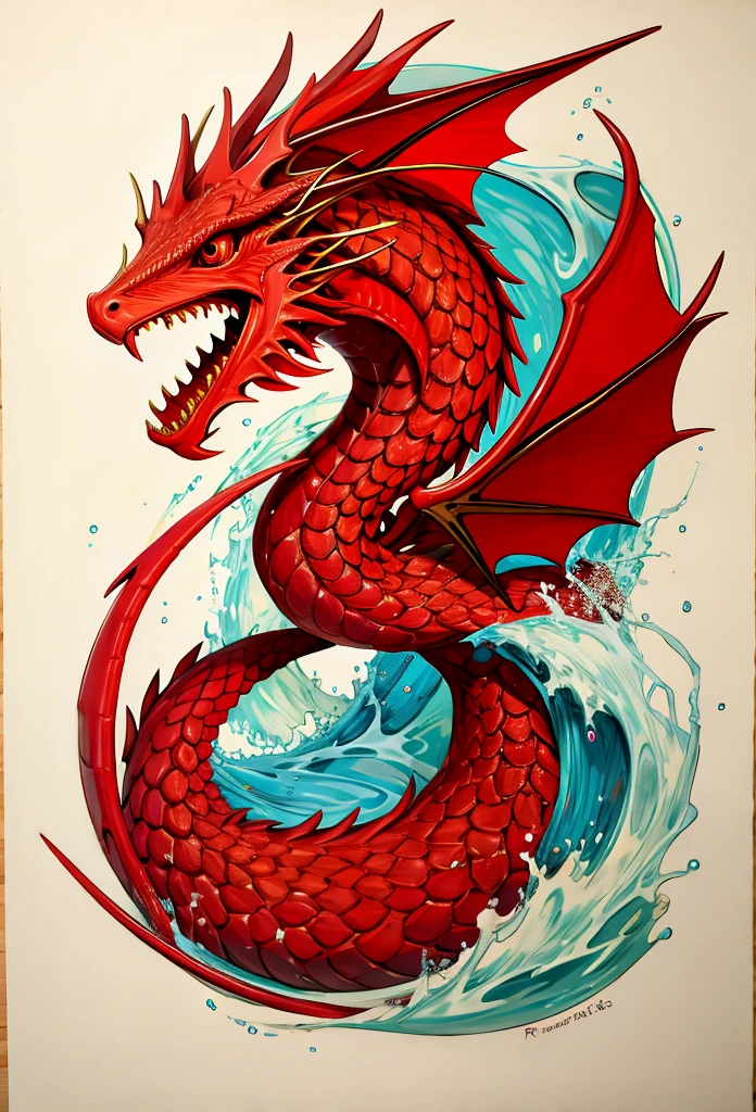 red dragon in the waves art print, in the style of kōji morimoto, neo-traditional japanese, john blanche, murals and wall drawings, tyler walpole, intense close-ups, absurdist --ar 71:128 --stylize 750 --v 5.2