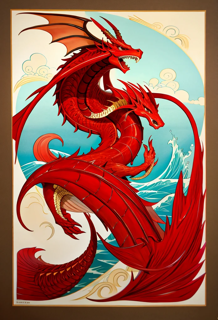 red dragon in the waves art print, in the style of kōji morimoto, neo-traditional japanese, john blanche, murals and wall drawings, tyler walpole, intense close-ups, absurdist --ar 71:128 --stylize 750 --v 5.2