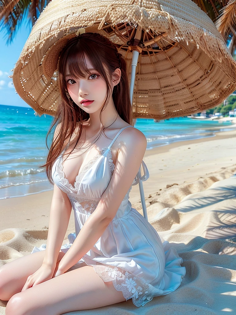 ((highest quality)),(超A high resolution),(Very detailed),(Detailed Description),((The best CG)),(masterpiece),Very detailedなアート、Small breasts、Whitening 1.5、Clear skin quality、(((White dress 1.5)))、(((1.5)))、(((1.5)))、、Ultimate Beauty 1.5((( Sitting on the beach 1.5)))、Summer Sea 1.2、Straw hat、Strong sunlight、Fluttering Hair、Parasol、