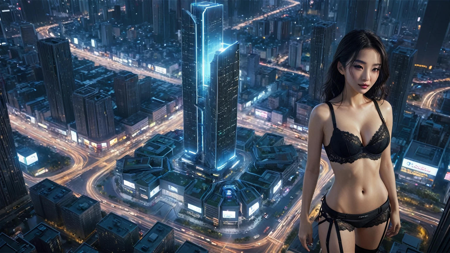 UE 5, computer render, Rendered by Octane, (8K, tmasterpiece), (realistically, Photo degree:1) luminescent concept art, (((((aerial view))))) of Cyberpunk city scene, There is a platform in the middle, stage, ((Surreal architecture)), buildings, (((((cars flying, 1 drone))))). Matrix style, (((((Matrix cascading code))))), (((((a futuristic twin tower skyscraper with a unique twisted design))))), (((((OLED GUI interfaces in the building))))), at night, (((((1girl, solo))))), photo realistic, (((large-breast:1.2 slim body, cleavage))), (((off broken mini sling-shirt and black lace sling bra, extreamly short pleated lace miniskirt exposing panty))), (((((running pose))))), (((((matrix style black sunglasses))))), ((((((((((aiming with a short gun)))))))))), (((((looking at camera))))), (((very low view))), (((((half-body thigh level medium shot))))), (((cinematic lighting))).